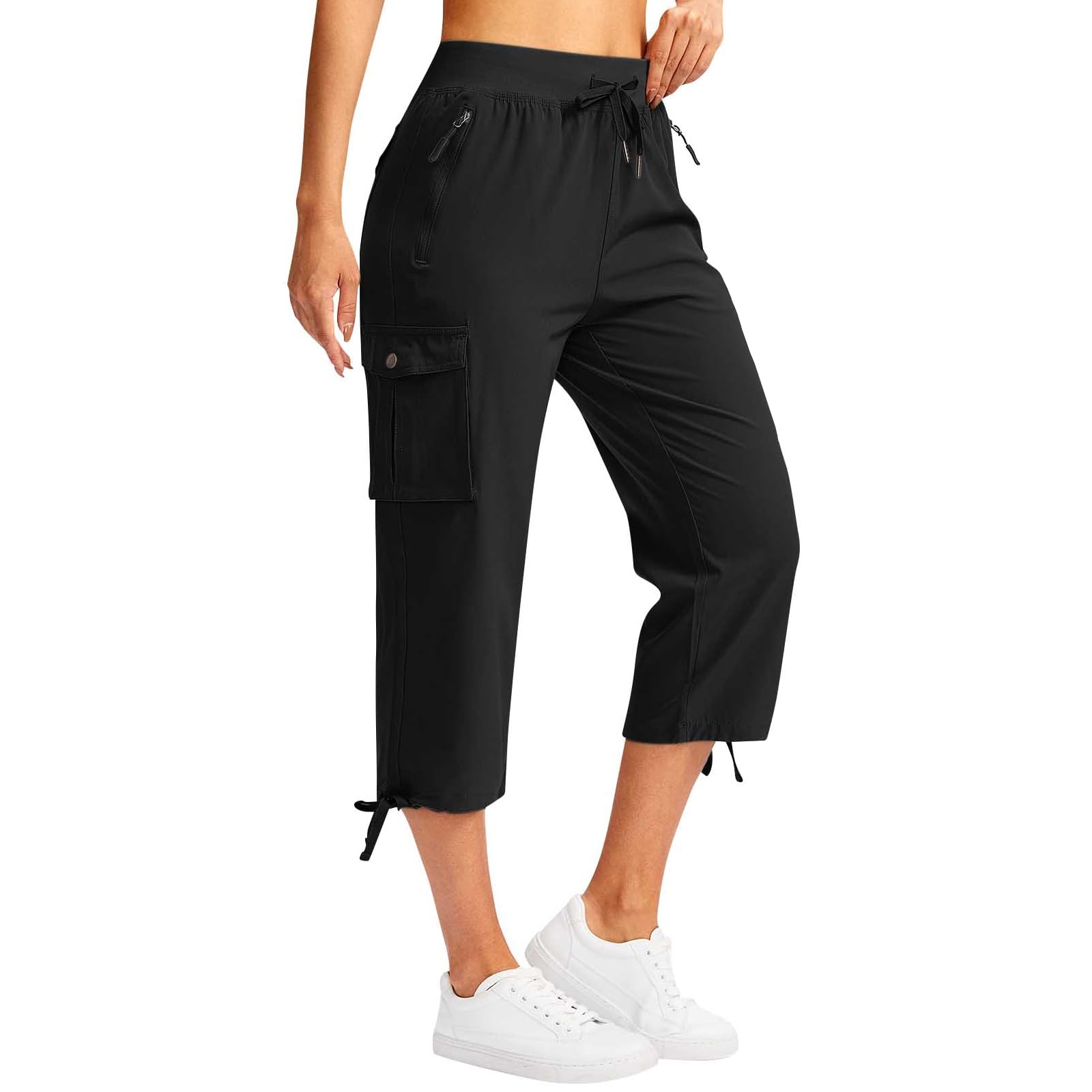 Cargo Capris for Women Casual Drawstring Capris Pants with Pockets Summer Lightweight Quick Dry Hiking Pants Elastic Waist Baggy Wide Leg Cropped Pant Outdoor Travel Pant for Camping Golf A-Black