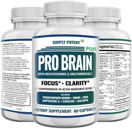 Brain Supplement for Memory Focus & Clarity, 40 Nootropic Neuro Multi Vitamins Minerals & Herbs for Dynamic Brain – B6 Folic Acid Choline Phosphatidylserine Bacopa Monnieri DMAE Huperzine A, 60 Pills