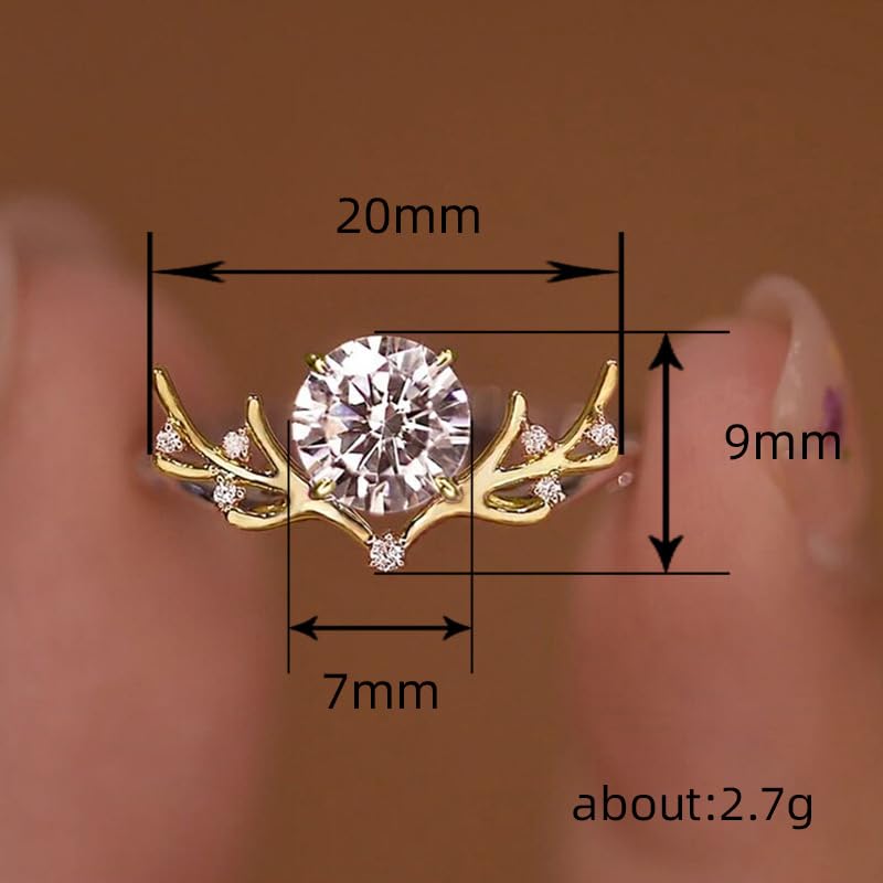 14K Gold Plated Antler Rings for Women Cubic Zirconia Statement Promise Rings Christmas Deer Rings Festival Jewelry Cute Zircon Crystal Wedding Ring 9#2