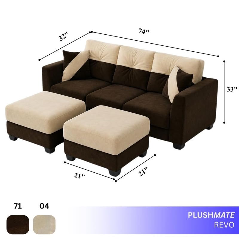 Image of Revola 5 Seater L Shape Sofa Set with 2 Movable Ottomans | Flexible Layout | Luxury Velvet Suede Fabric | Modern Living Room Sofa | Dark Brown-Cream
