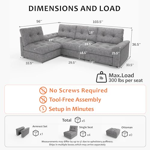 Image of Oversized Modular Sectional Sofa with Storage, Modern Deep Seat Cloud Couch for Living Room, L-Shaped Large Sectional Couch, 4 Seater, Gray