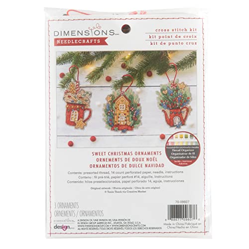 Image of Dimensions 70-09607 Sweets and Treats Ornaments Christmas Counted Cross Stitch Kit, 4.5 inch H, Multicolor, Set of 3