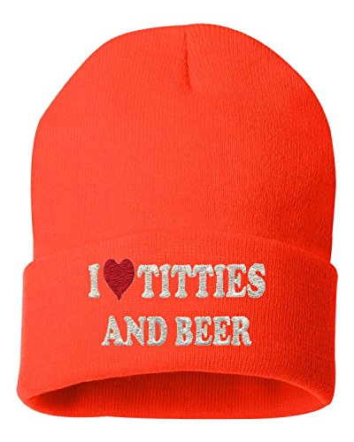 Go All Out One Size Blaze Orange Adult I Love Titties & Beer Embroidered Cuffed Knit Beanie Cap