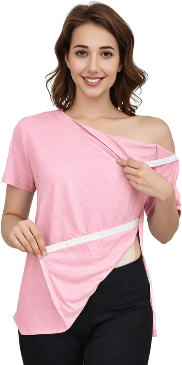 Women's Post Shoulder Surgery Tear Away Shirt Short Sleeve Side Snap Chemo Port Postpartum Shirts Adaptive Clothing