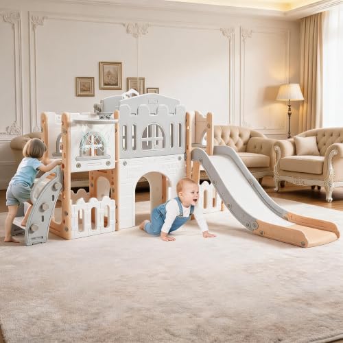 Parque Infantil Castillo 8 En 1 Con Tobogán Canasta De Baloncesto Túnel De Gateo Volante Simulado Telescopio y Escalera De Escalada 2 Almacenes Grandes Bebés 1 3 Años Uso Interior Salón ExteriorJardín
