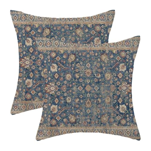 ZHOUYETAK Blue Brown Carpet Pillow Covers 18x18 Inch Set of 2, Boho Rug Print Outdoor Decorative Vintage Rustic Throw Pillow Linen Blue Carpet Couch Cushion Case for Chair Sofa Bedroom Living Room