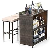 Tangkula 3 Piece Patio Bar Set, Outdoor Rattan Bar Table and 2 Stools with Tempered Glass Tabletop, 2-Tier Storage, Removable Cushions, Outside Wicker Conversation Set