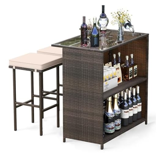 Tangkula 3 Piece Patio Bar Set, Outdoor Rattan Bar Table and 2 Stools with Tempered Glass Tabletop, 2-Tier Storage, Removable Cushions, Outside Wicker Conversation Set