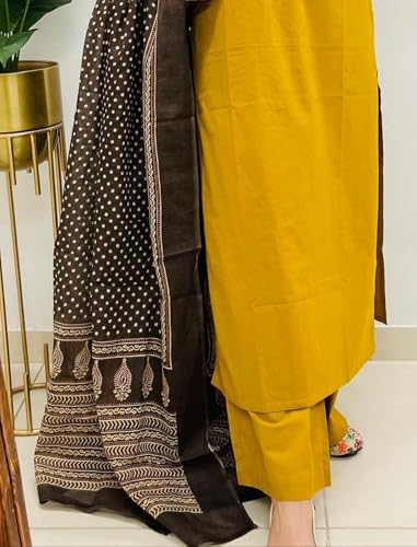 Image of BHARVITA Women's Cotton Embroidered Anarkali Kurta and Palazzo with Dupatta Set | A-line fit