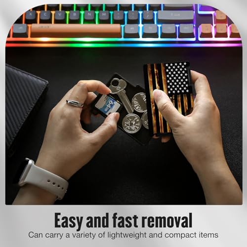 Minimalist Metal Wallet for Men with Inner Key Coin Tray, Ultra-Thin Aluminum Card Holder with Cash Strap, Slim Front Pocket RFID Blocking Wallet, Personalized Wood American Flag3