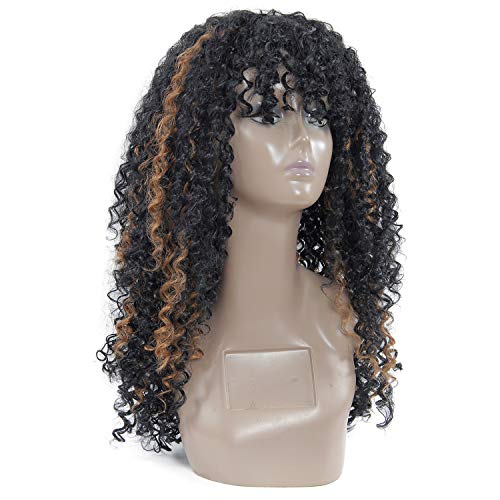 Highlights Deep Curly Wigs for Black Women Long Afro Curly Wig With Bangs,High Density Natural Ombre Color Layered Synthetic Full Wigs