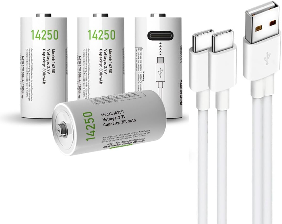 USB 14250 リチウムイオン充電式バッテリー、高容量 3.7V 300mAh 1/2 単三サイズ 充電式 3.6ボルト LS14250 ER14250 CR14250 バッテリー交換可能、タイプCポートケーブルで高速充電、4個パック