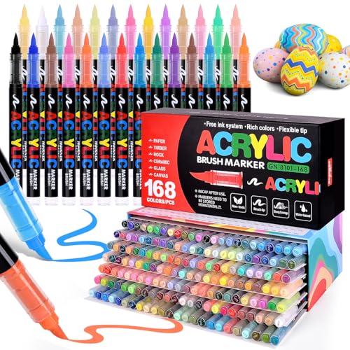 Image of 168 Colors Acrylic Paint Markers, Direct-Liquid Ink Control System, Premium Brush Tip Acrylic Paint Pens for School Art, Rock, Egg, Fabric, Wood, DIY Crafts (Includes Replacement Nibs)