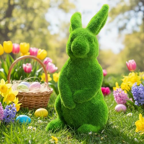 Décorations de Pâques lapin de 33 cm en résine floquée verte pour pelouse