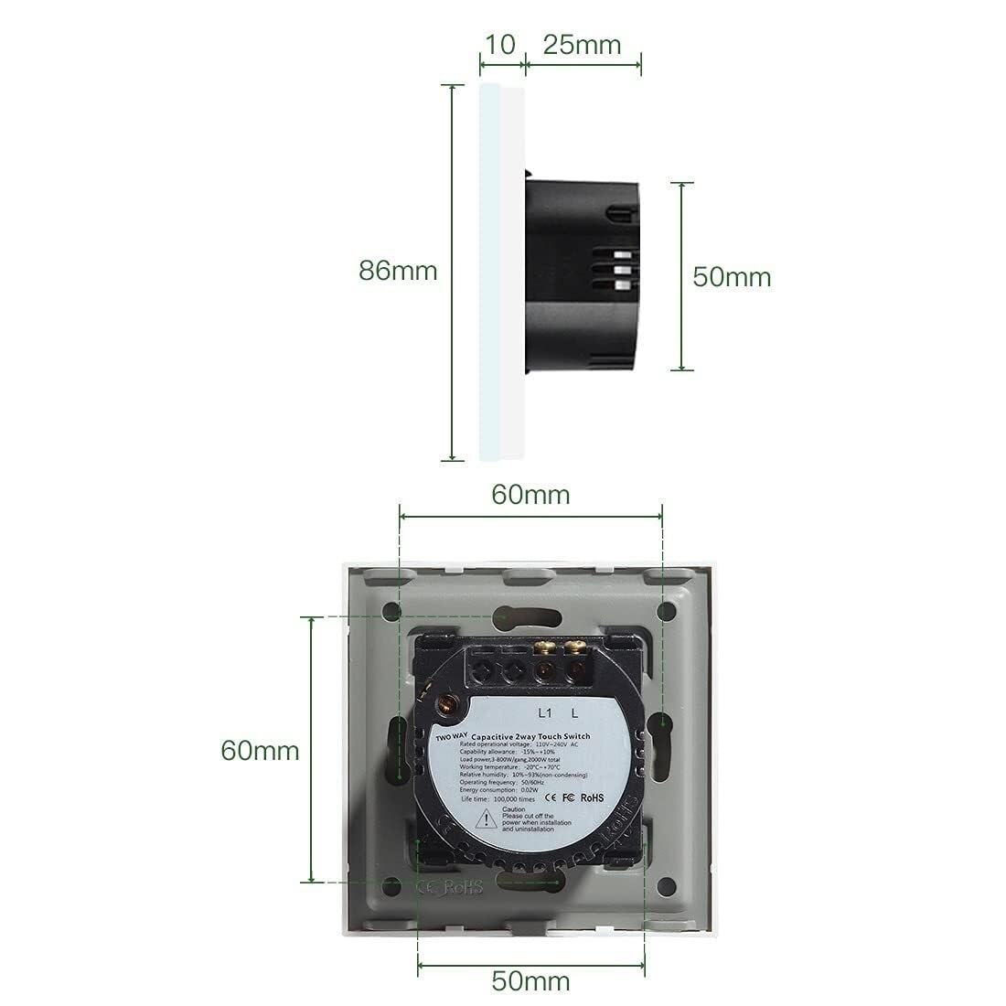 Interruptor Tactil Interruptores De Luz Inteligentes, Interruptor Táctil 1 Entrada Y 2 Vías, Paquetes, Panel Clase Dorado Blanco Negro, A Prueba Agua(White)