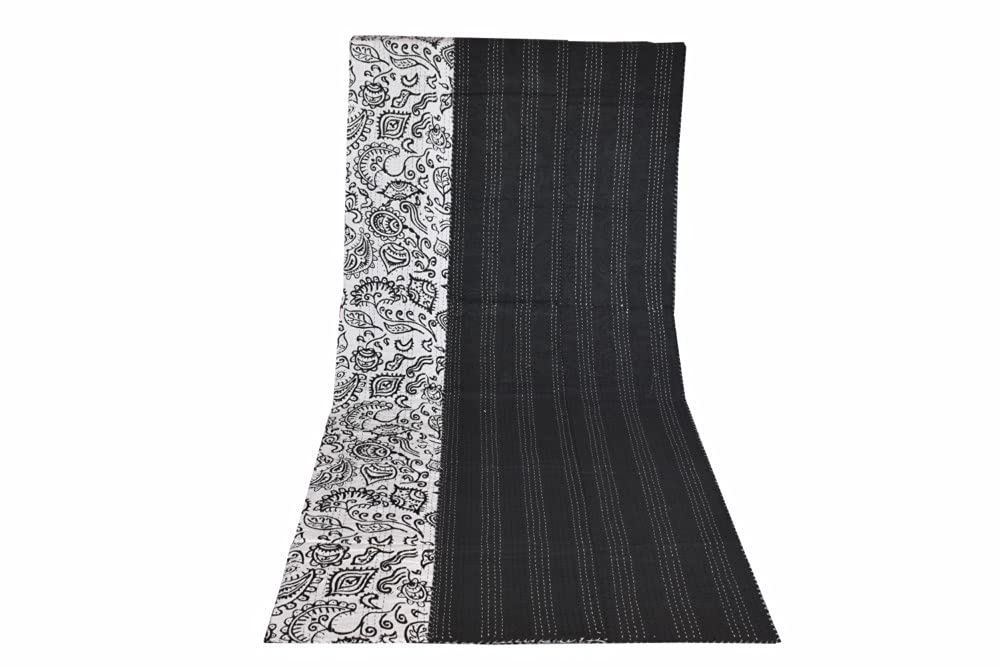 Sophia-Art Indian Feb India Reversible Bedspread Pattern Floral Print Bed Cover Gudri Pure Cotton Kantha Style Decorative Kantha Stitch Quilt (Black, King 90 * 108 Inches with sham Cover)