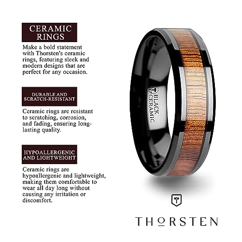 ACACIA Koa Wood Inlaid Black Ceramic Ring with Bevels - 4mm - 12mm4