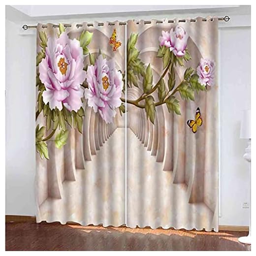 STWREO Mörkläggningsgardin blommig korridor utrymme 233 x 231 cm vardagsrum skjutbar glasdörr gardin draperier för ljusblock och rum mörka öljett fönsterpaneler, 2 st