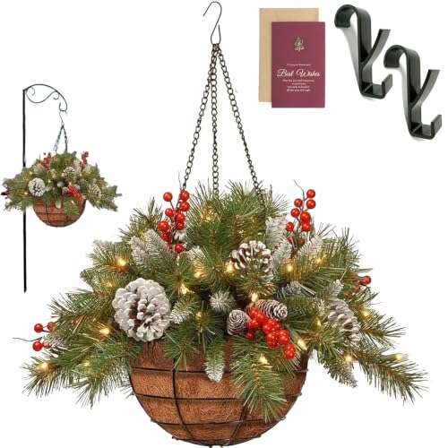Cyeior Pre Lit Artificial Christmas Hanging Basket Pine Greenery with Red Berries Pine Cones and Warm Lights Winter Hanging Planter Decor for Covered Porch Front Door Patio Holiday Home1pcs