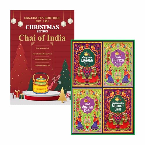 Image of Sancha Tea Boutique, Chai of India Christmas Edition Gift Box | 4 Premium Masala Chai Blends - Original, Cardamom, Saffron & Mint | Spiced Black Tea Gift Set