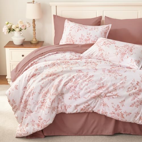 Image of Andency Floral Comforter Full Set, 7 Pieces Pink Rose Flower Bedding Set