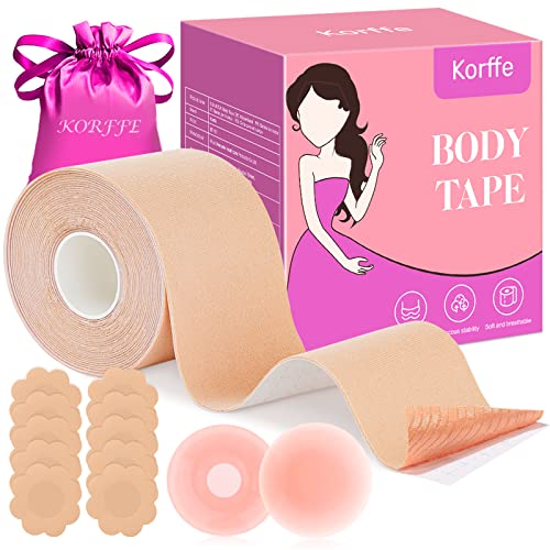 Korffe Brust Tape Klebe BH Push Up, Boob Tape Set für Klebe BH Große Brust Rückenfrei BH 2 Wiederverwendbare Unsichtbar Silikon Brüste Nippelpads Body Damen Tape für Körbchengrößen A-G