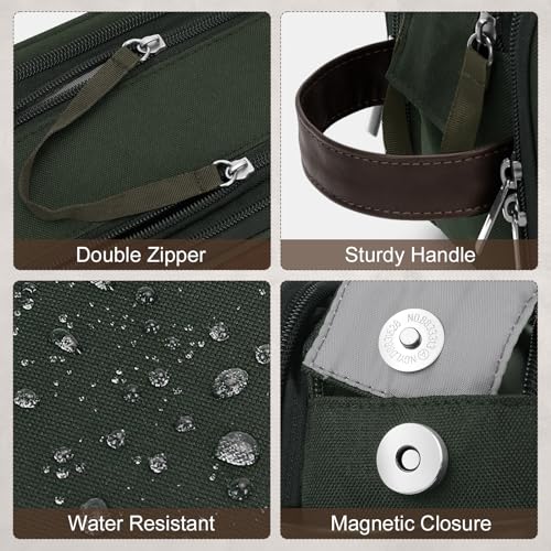 Image of Wedama Toiletry Bag for Men, Medium Hanging Travel Toiletry Bag, Extra Electronic Organizer Bag Waterproof Shaving Bag for Toiletry with PU Handle for Travel Business Trips Swim Camping, Green+ Brown