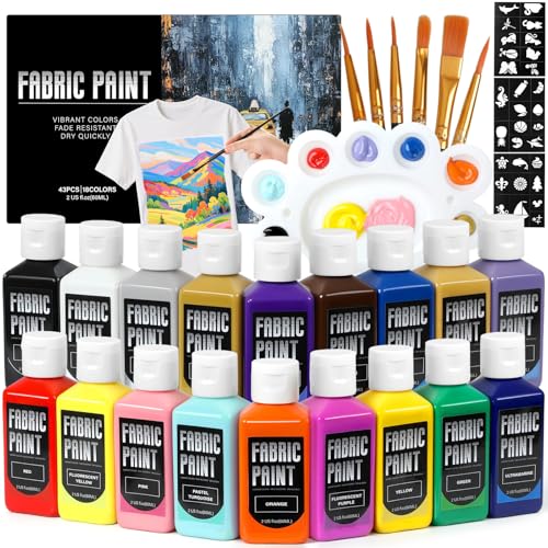 Fabric Paint Set - Permanent & Washer Safe, 18 Vibrant Colors, in Bottles (60ml/2oz), Non-Toxic Certified Fabric Paint with Brushes & Stencils, Textile Paint for Clothes, DIY Projects & Art