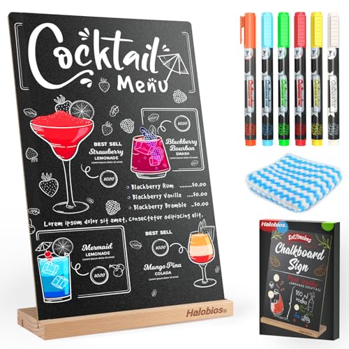 Halobios Chalkboard Sign, 8 x 12 inch Erasable Tabletop Double Sided Blackboard with 6 Colors Liquid Chalk and Wooden Stand for Party, Tables Decoration, Bar and Restaurant