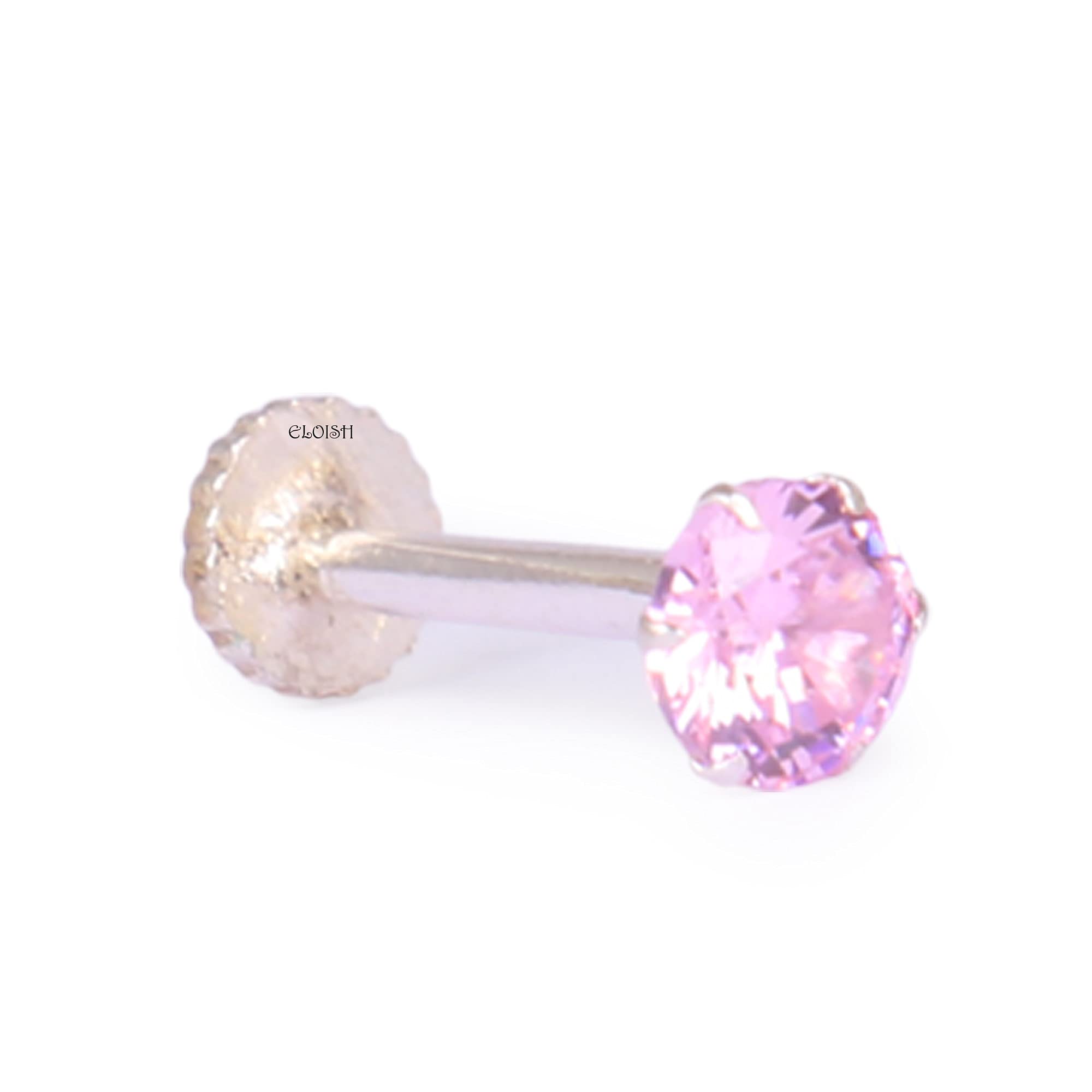 ELOISH 92.5 Sterling Silver Nose Pin for Women. 92.5% Pure Silver Pink CZ Nose Pin for Girls (PINKCZSILVERNOSEPIN) 1