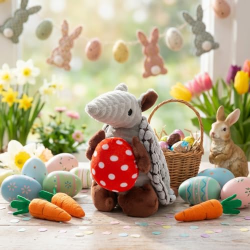 Image of Hollypet Plush Dog Squeaky Toy Stuffed Armadillo Animal Pet Puppy Chew Toys with Clean Teeth for Small Medium Large All Breed Sizes Dogs, Gray, 8 in, Red Eggs with White Dots