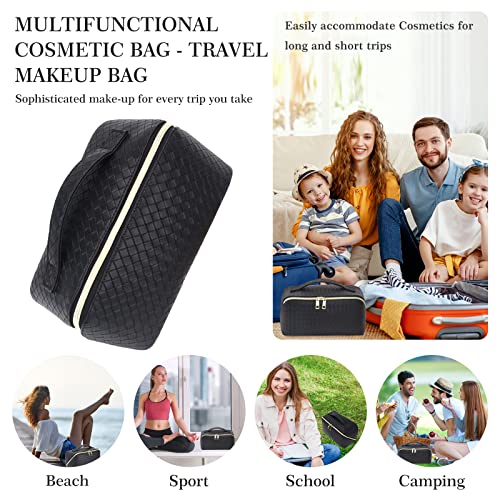 Zauknya Makeup Bag - Large Capacity Travel Cosmetic Bag, Portable Leather Waterproof Women Travel Makeup Bag Organizer, With Handle And Divider Flat Lay Checkered Cosmetic Bags (Black) #TOP6