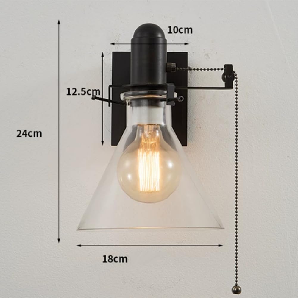 Retro Wandlampe mit Zugschalter Glas Schirm Innen Wandleuchte Schalter Schwarz Metall Vintage Industrie Wand Leselampe E27 Fassung Rustikal für Wohnzimmer Korridor Schlafzimmer