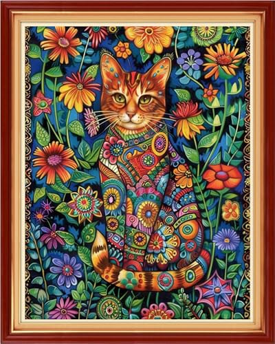 Image of Funchey Stamped Cross Stitch Kits, DIY Cross Stitch Pattern for Adults Beginners Needlepoint Kits Embroidery Kit Arts and Crafts 11CT-Magic Cat Flower 16x20 inch
