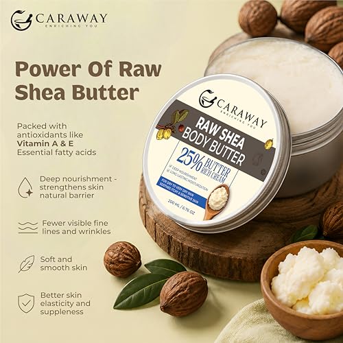 Image of CARAWAY 100% Raw Shea Butter Organic Body Cream for Dry to Very Dry Skin | Long Lasting Moisturizer | Non-Sticky All Season Formula | 100 g