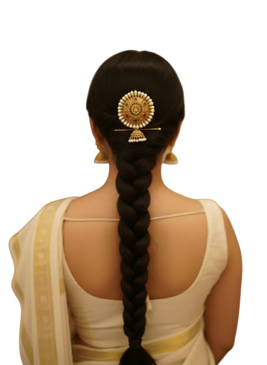 Traditional Gold-Plated mor round Temple Style Bridal Juda Hair Accessory with Hooks & Brooch Pins | Antique Center Pin with Ruby, Green Stones & Pearl Jhumka Drops | Maharashtrian & South Indian Classic Ornament Hair Decorative Jwellery-image-35