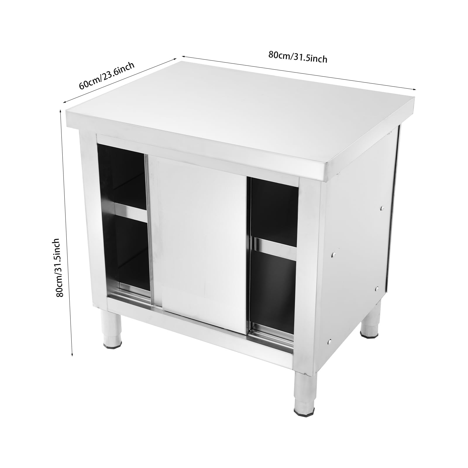 Stół roboczy ze stali nierdzewnej z drzwiami przesuwnymi, 80 x 60 x 80 cm, zewnętrzna szafka kuchenna, stół ze stali nierdzewnej, mobilny stół gastronomiczny z regałem i szufladami