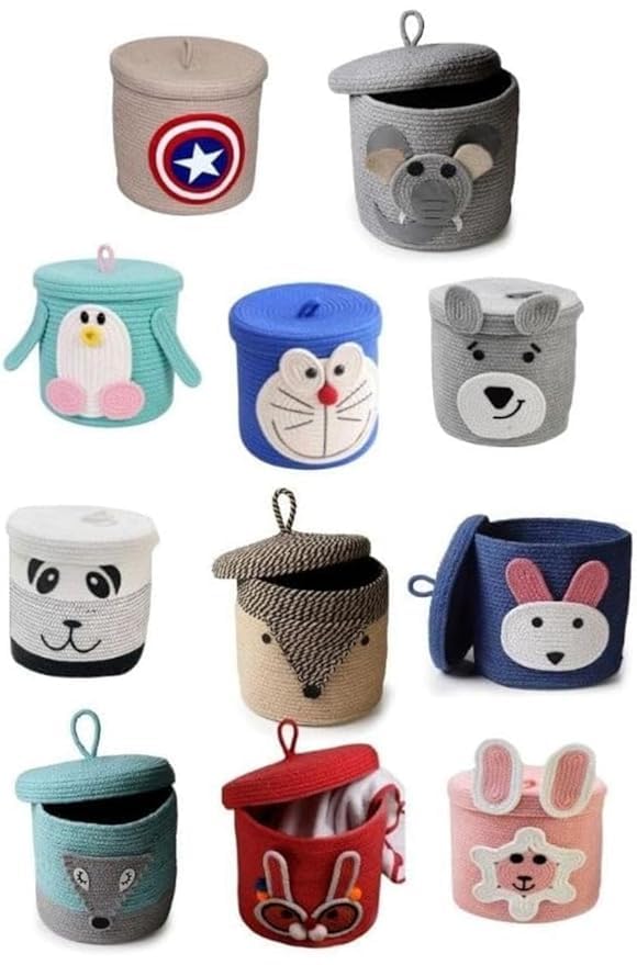 Image of Jute Basket For Storage Cotton Rope Toys Basket With Lid Handwoven Natural Foldable Laundry Hamper for Home, Office, Living Room Size 10x10 inch (RABBIT)
