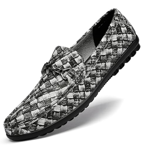 Men's Genuine Leather Slip-On Loafers with Textured Weave Metal Buckle Breathable Driving Moccasins for Business Office Weekend Getaways Weddings Walking Driving Comfort Boat Shoes
