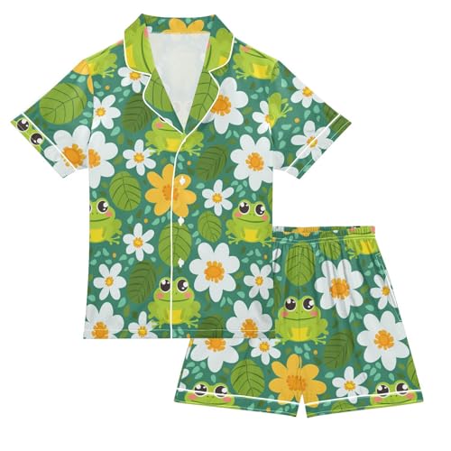 ALAZA Cute Frog Flower Leaf Pajamas Satin Pajama Set Short Sleeve Button Down Sleepwear