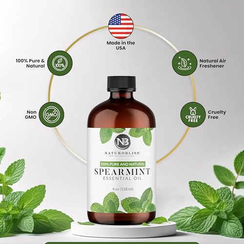 Image of NaturoBliss Spearmint Essential Oil, 100% Pure and Natural Therapeutic Grade, Premium Quality Spearmint Oil, 4 fl. Oz - Perfect for Aromatherapy and Relaxation