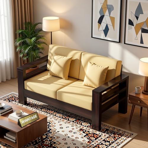 Image of Furniture Solid Sheesham Wood 2 Seater Sofa Set | Multipurpose Wooden Two Seater Lounge Sofa Set Furniture for Living Room, Home and Office (Walnut Finish)