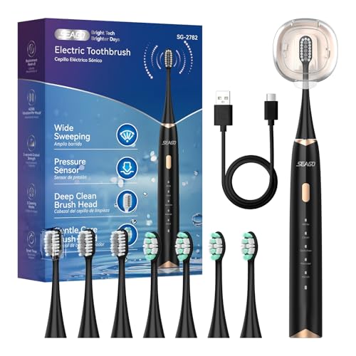 Seago Elektrische Zahnbürste mit Drucksensor, Ultraschallzahnbürsten und Zahnbürstenhalter, 2-Min-Timer, 5 Modi, 8 Bürstenköpfen, USB-C-Schnellladung, Aufhellung Der Zähne In 7 Tage, SG-2782(Schwarz)
