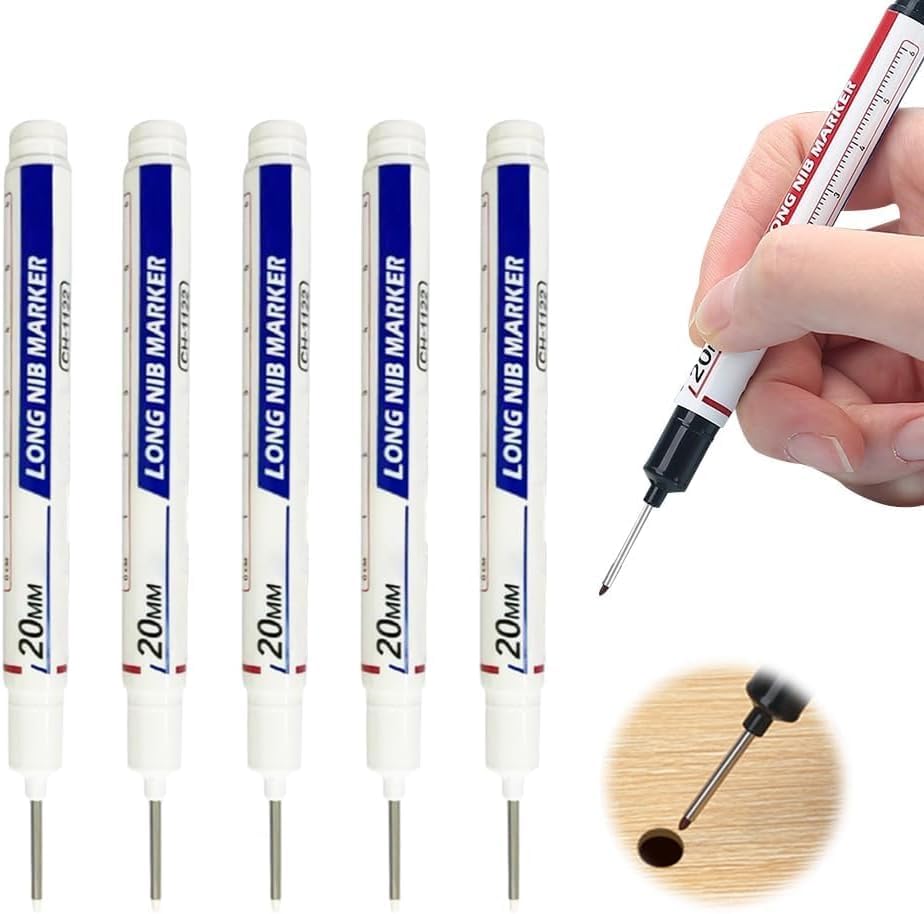 5PCS Long Head Deep Hole Marker 2025 20mm Deep Reach Waterproof Construction Marking Tool Long Nose Permanent Carpenter