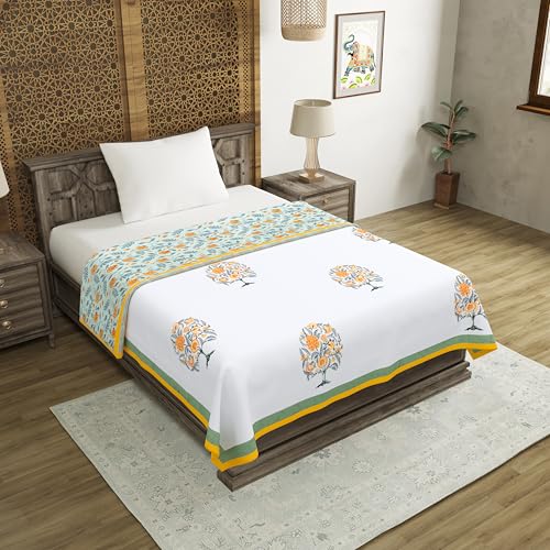 Image of BLOCKS OF INDIA Hand Block Printed Cotton Single Size Reversible Malmal Dohar for Summer (Green Tree of Life)