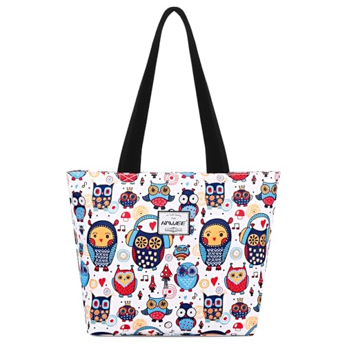 HAWEE Tote Bag with Zipper for Women Inside Mesh Pocket Heavy Duty Casual Anti-water Cloth Travel Shoulder Handbag, Owl