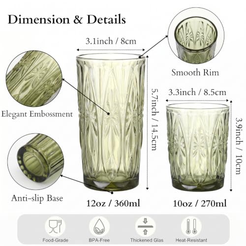 FERAHI Green Drinking Glasses Set of 12, 12 Oz Highball & 10 Oz Cocktail Glasses, Green Kitchen Vintage Glassware Set, Floral Embossed Glass Tumbler Cups for Beer, Juice, Whiskey, Coffee(Snow) - Image 2