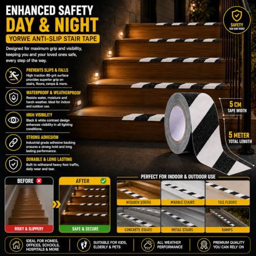 Image of YORWE Anti Slip Stair Tape with Glow in the Dark Strip - Heavy Duty Waterproof Non Slip Traction Tape for Stairs, Steps, Outdoor & Indoor Safety (Black and White, 5 Meter)