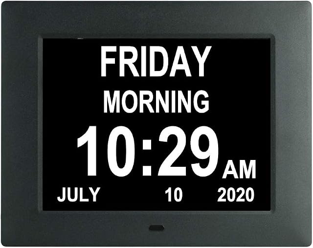 TMC Dementia Clock Digital Calendar Clock - 8 Alarm Options,Extra Large Non-Abbreviated Day & Month for Vision Impaired, Elderly, Memory Loss(7 inch, Black)