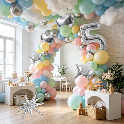 Image of TONIFUL 5th Birthday Balloons Kit 40Inch Silver Large Number 5 Foil Balloon